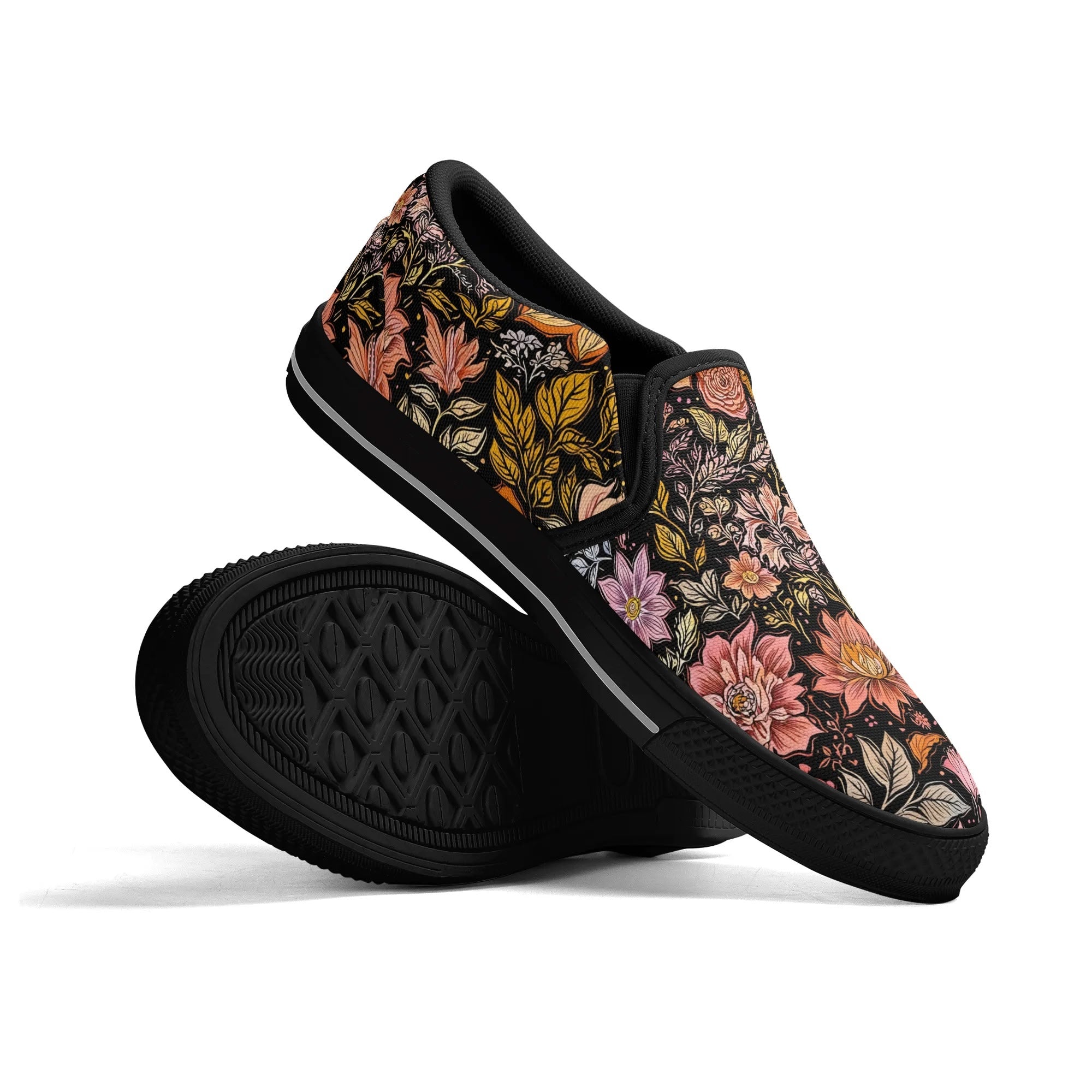 Vintage Noir Bloom Canvas Slipons (black pair stacked)