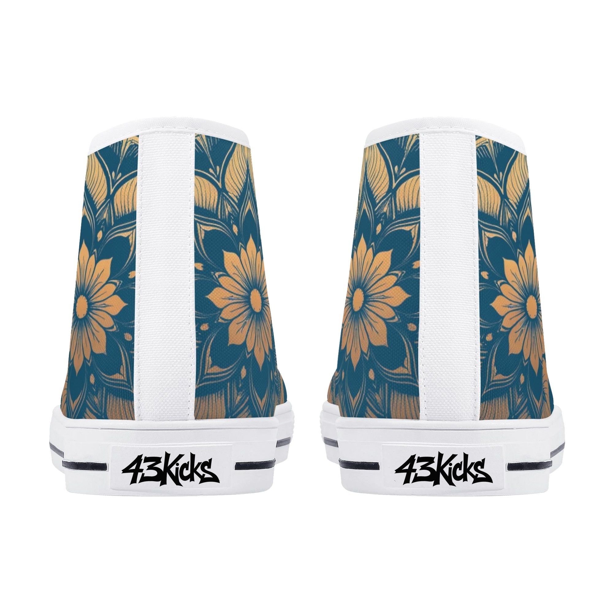 Antique Mandala on Dark Blue Canvas Hightops (white pair rear)