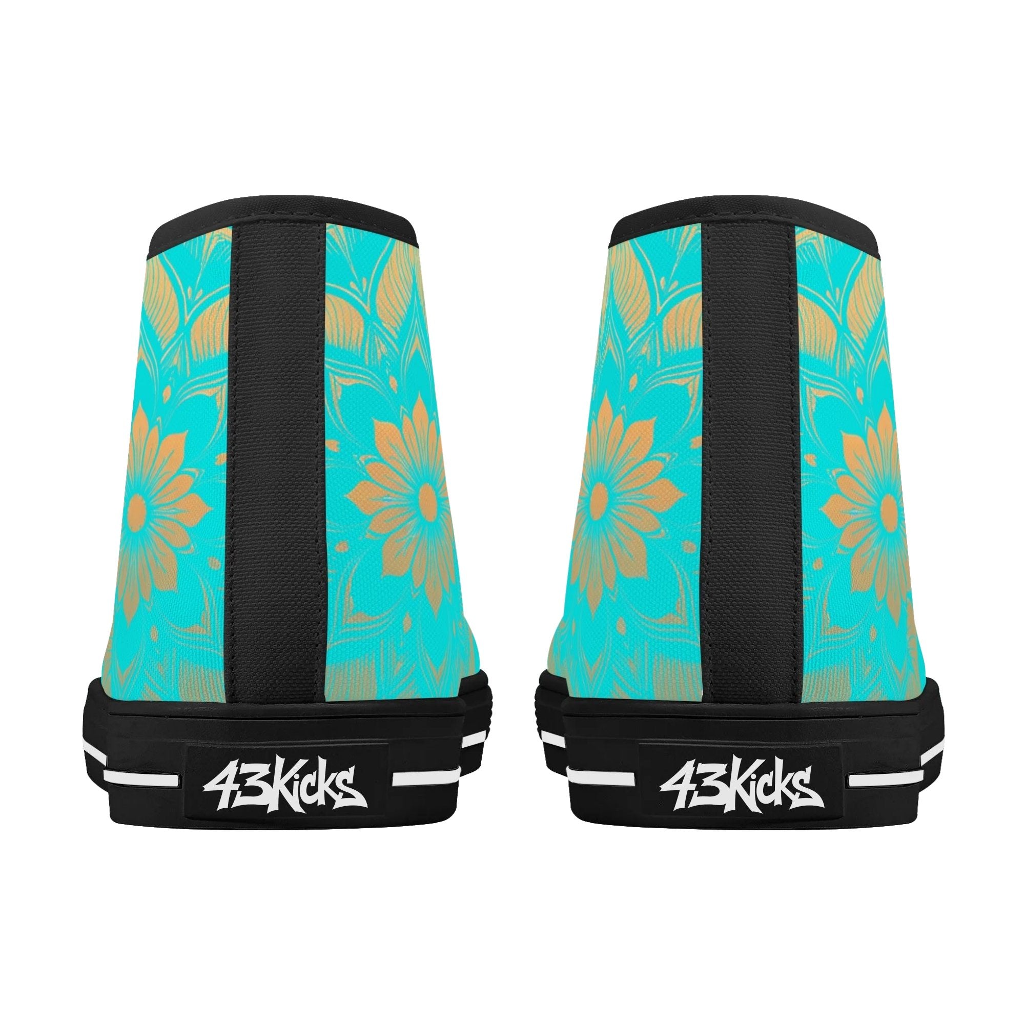 Antique Mandala on Cyan Canvas Hightops (black pair rear)