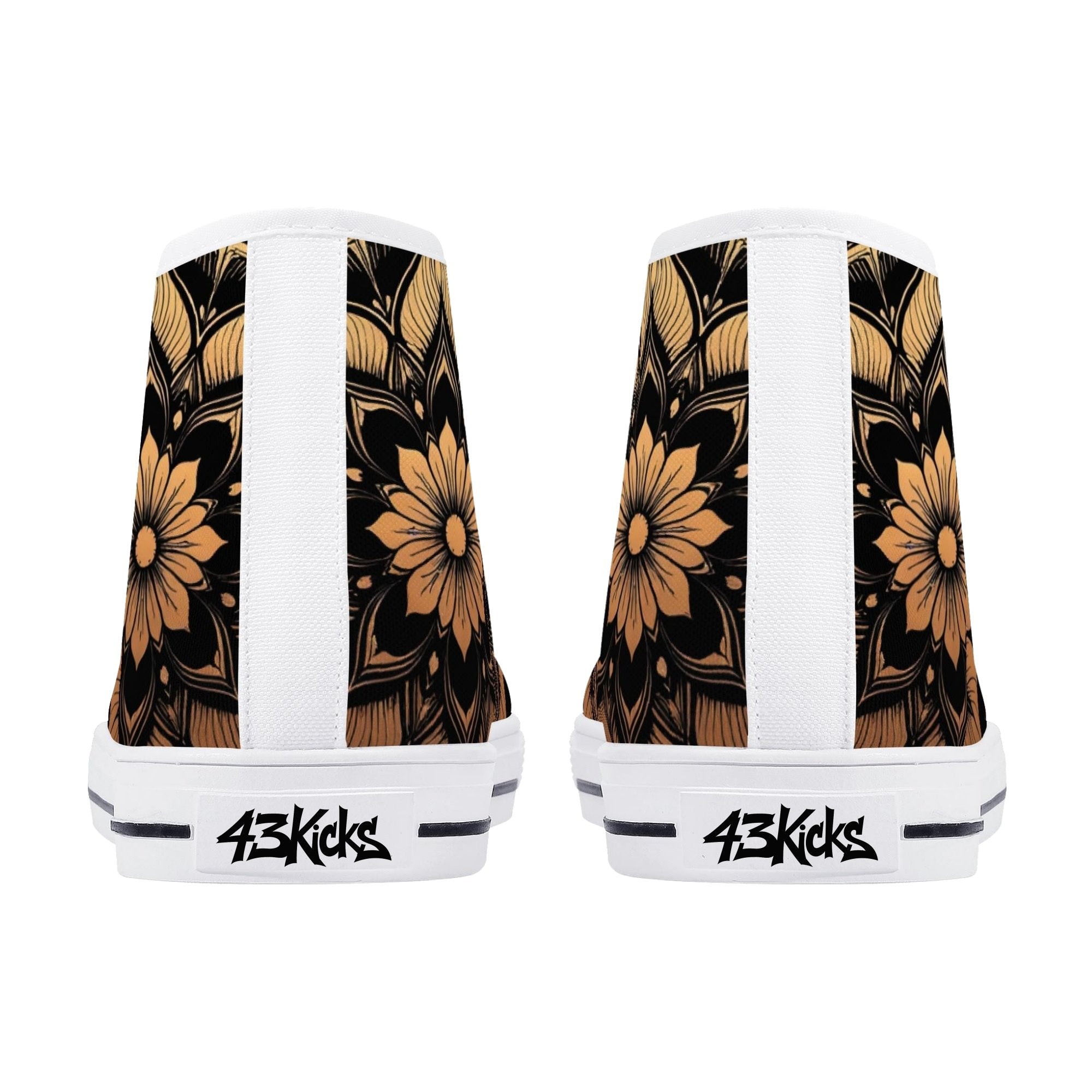Antique Mandala on Black Canvas Hightops (white pair rear)