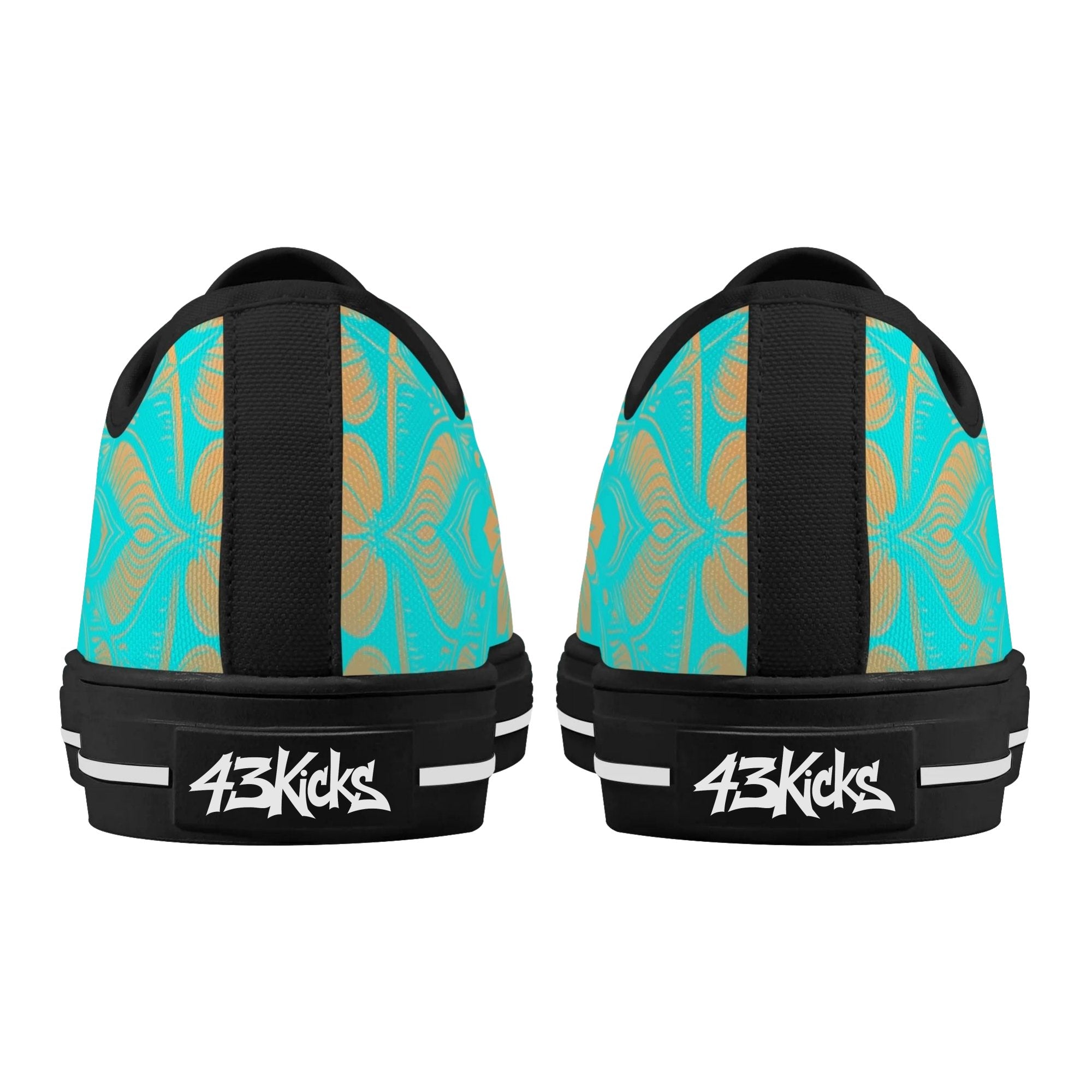 Antique Mandala on Cyan Canvas Lowtops (black pair rear)