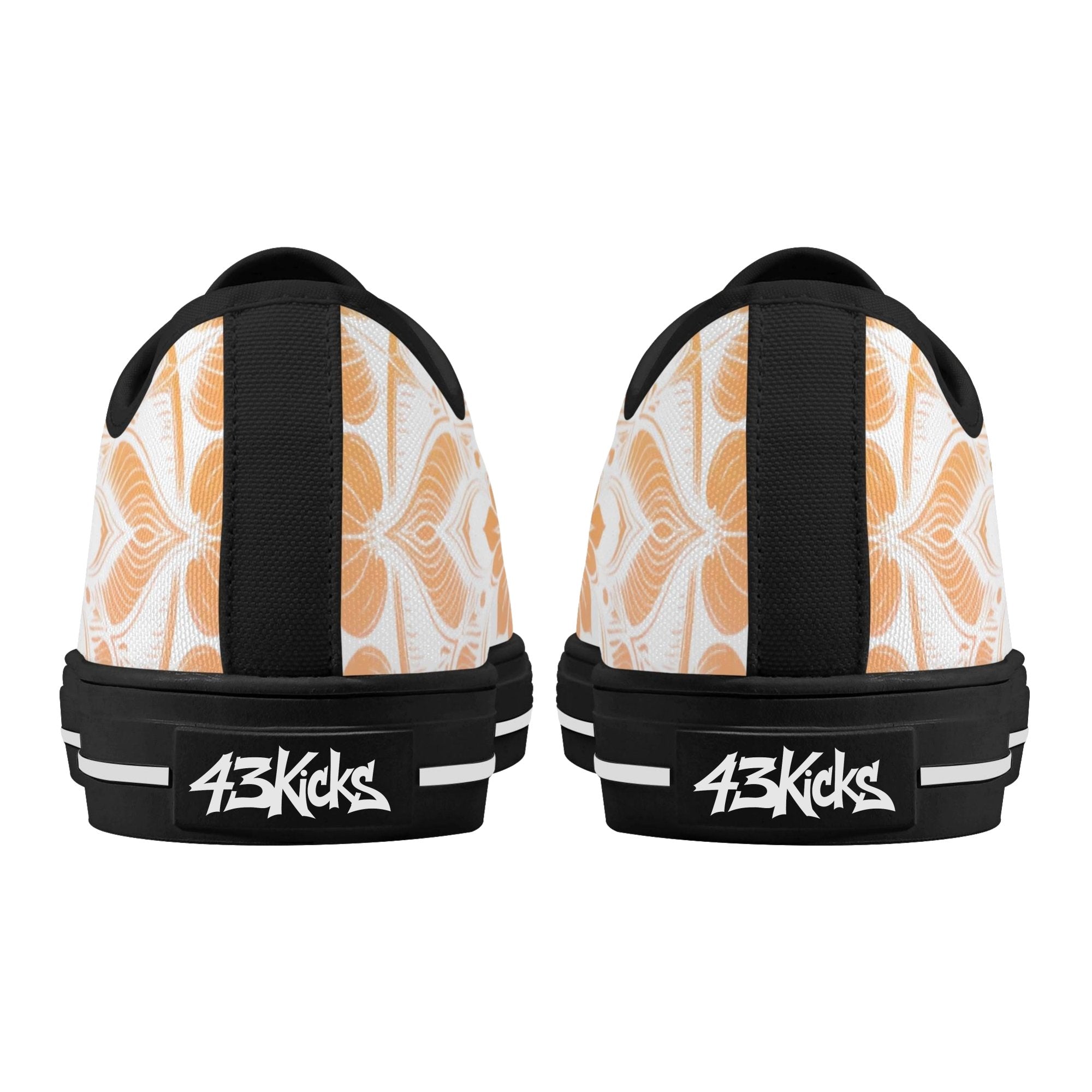 Antique Mandala on White Canvas Lowtops (black pair rear)