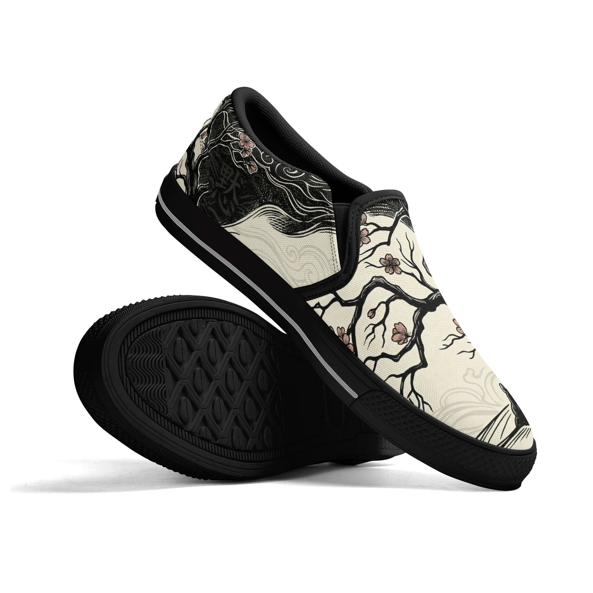Mokushin's Stillness Canvas Slipons (black pair stacked)