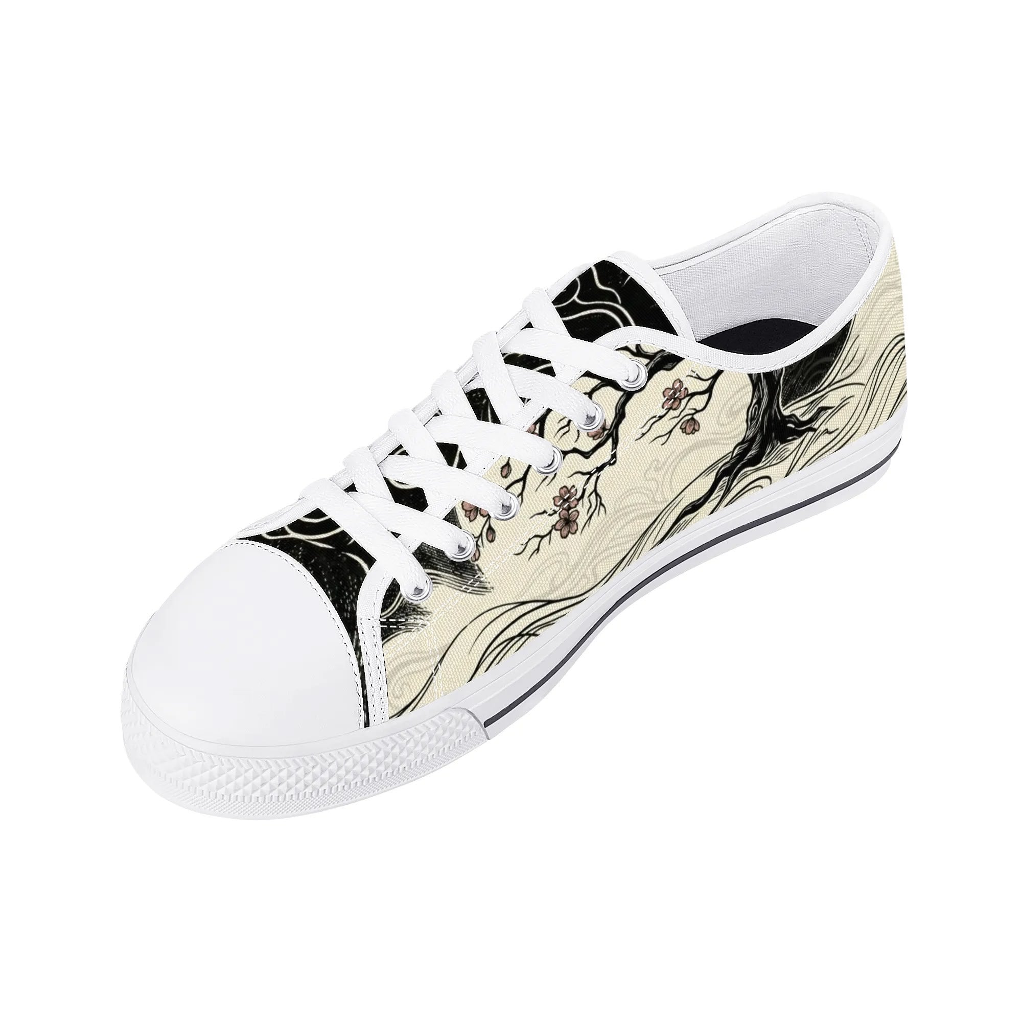 Mokushin's Stillness Canvas Lowtops (white right above angled)