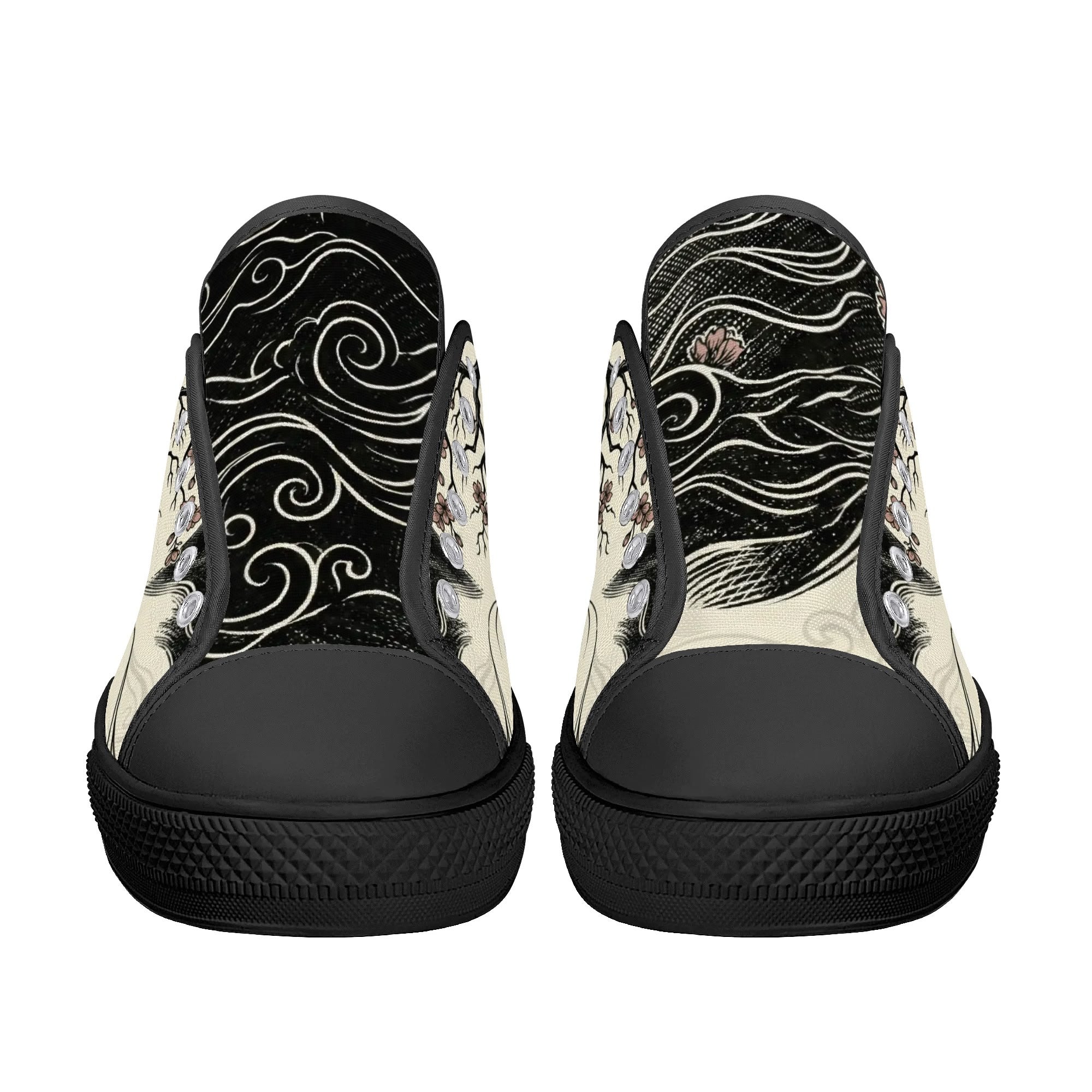 Mokushin's Stillness Canvas Lowtops (black pair front)