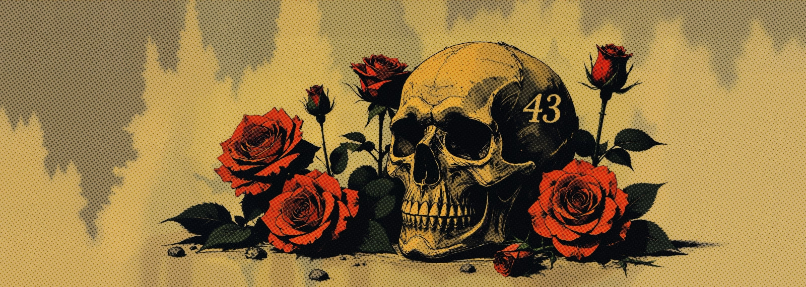 Skull with red roses on a textured yellow background