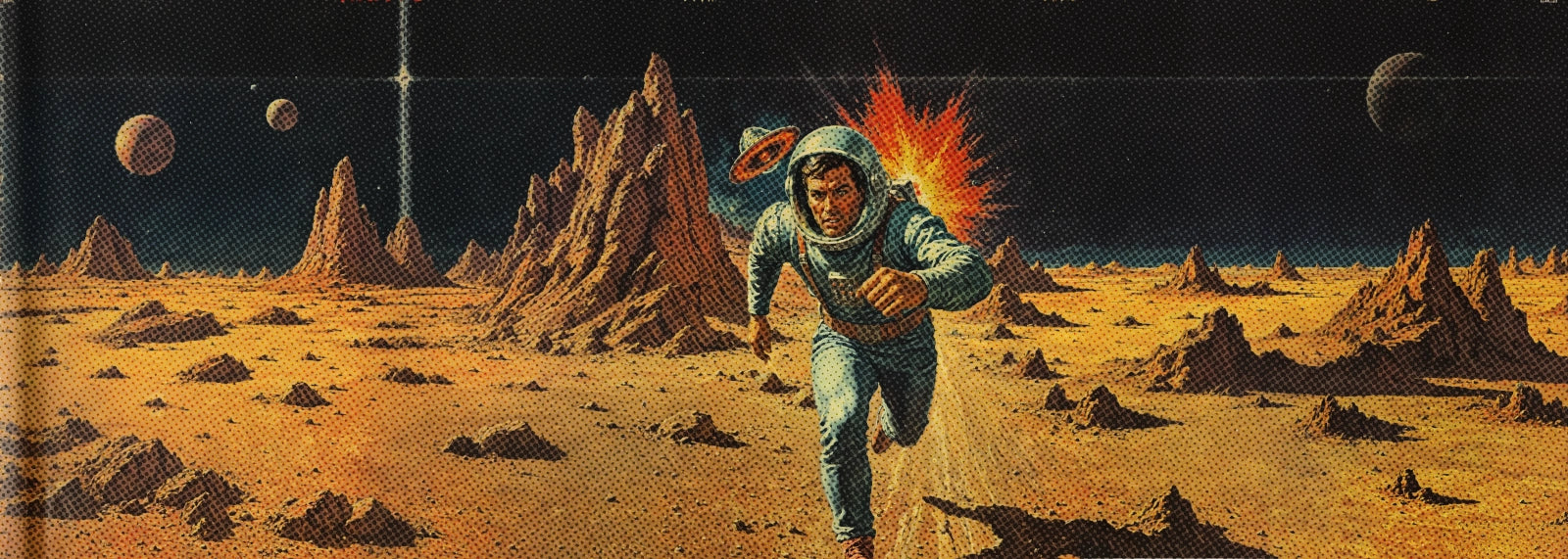 Illustration of a person running on a barren landscape with mountains and planets in the background