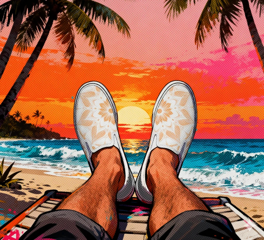 Feet wearing slip-on shoes on a beach with a colorful sunset and palm trees.
