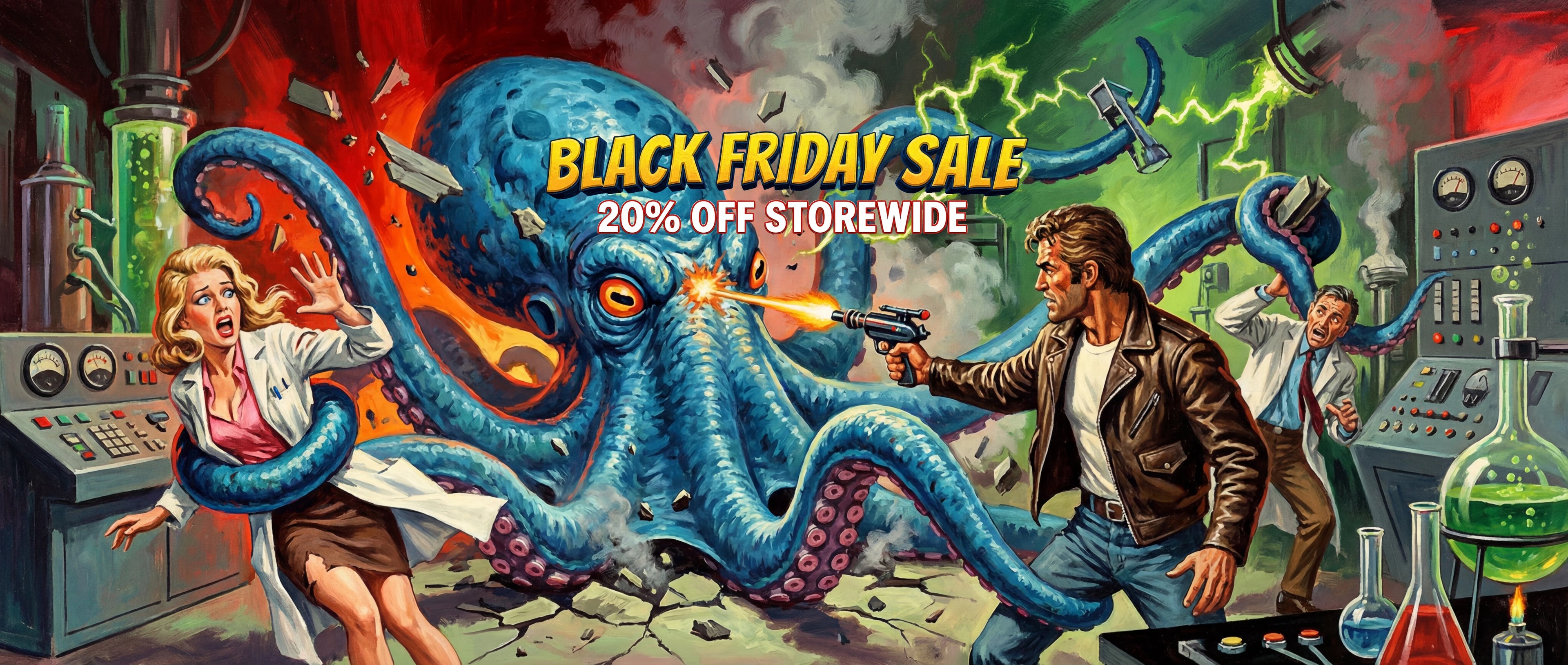 Comic-style advertisement for Black Friday sale with characters and an octopus, featuring text 'Black Friday Sale 20% Off Storewide'.
