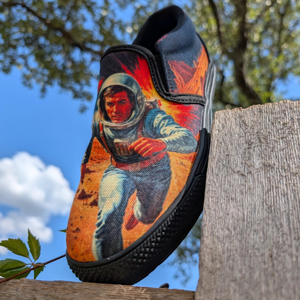 Colorful shoe with an astronaut design on a wooden post against a natural background